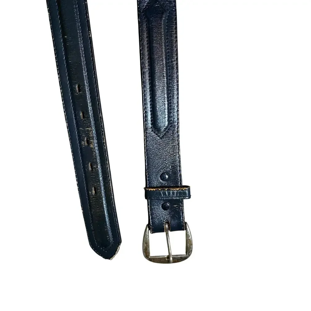 Vintage Black Leather Belt Wide Strap Silver Buckle Western Style 32